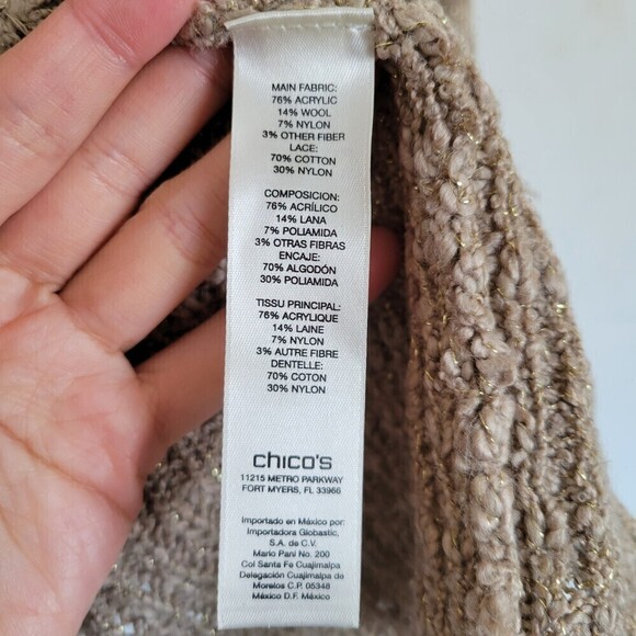Chico's Wool Lace Back Lara Cocoon Cardigan Sweater Beige Metallic Gold Size 0 - Picture 12 of 14